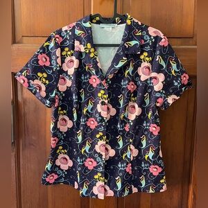 Eva Rose Vintage Floral Blouse Button Front Navy Abstract Botanical Top USA